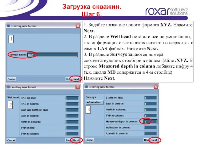 Загрузка скважин. Шаг 6. 1. Задайте название нового формата XYZ. Нажмите Next.