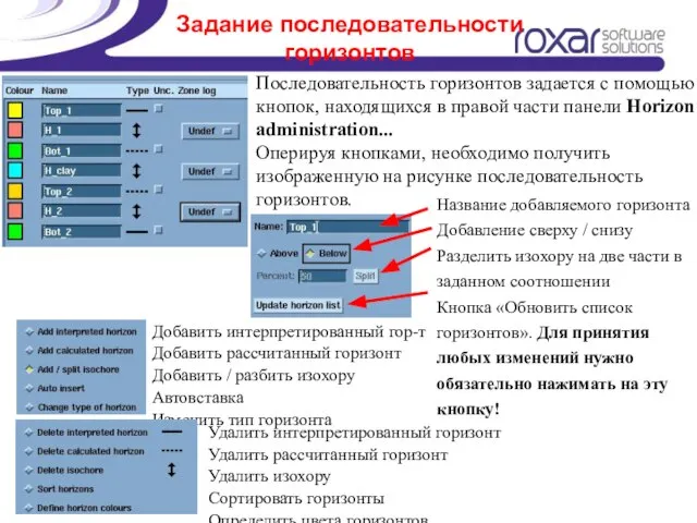 Задание последовательности горизонтов Последовательность горизонтов задается с помощью кнопок, находящихся в правой