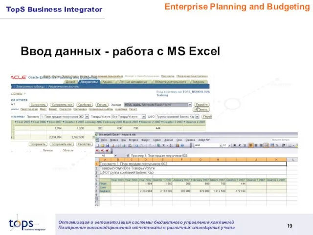 Ввод данных - работа с MS Excel Enterprise Planning and Budgeting