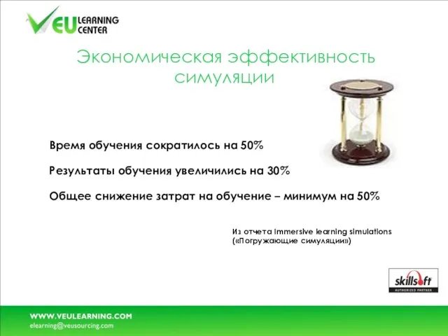 Время обучения сократилось на 50% Результаты обучения увеличились на 30% Общее снижение