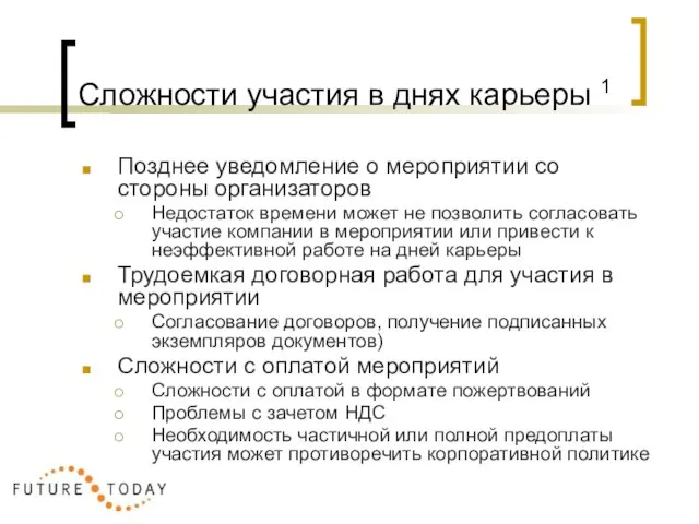 Сложности участия в днях карьеры 1 Позднее уведомление о мероприятии со стороны