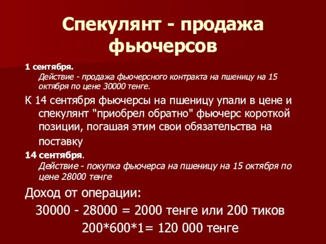 Спекулянт - продажа фьючерсов 1 сентября. Действие - продажа фьючерсного контракта на