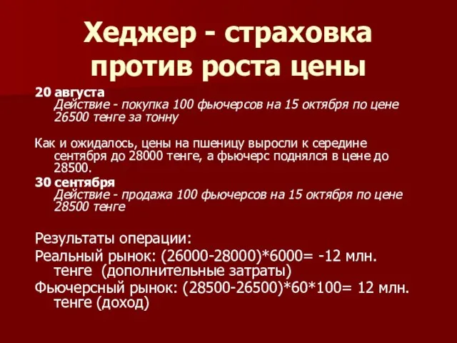 Хеджер - страховка против роста цены 20 августа Действие - покупка 100