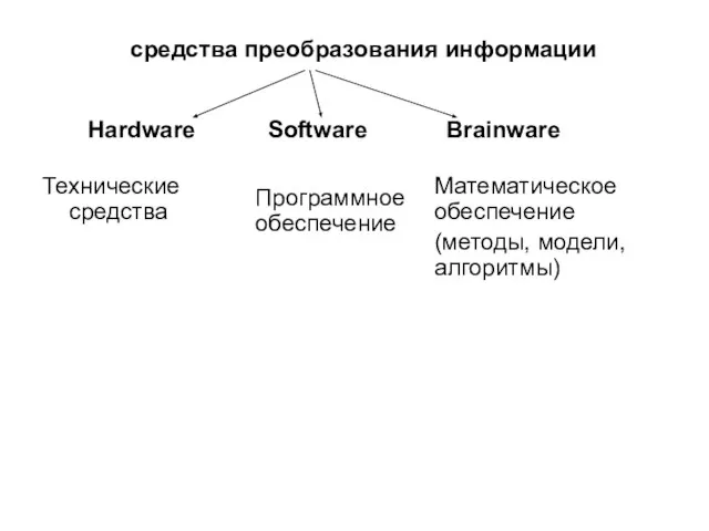 Технические средства средства преобразования информации Hardware Software Brainware Программное обеспечение Математическое обеспечение (методы, модели, алгоритмы)