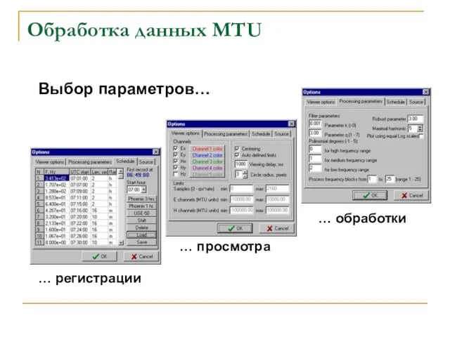 Обработка данных MTU … регистрации … просмотра … обработки Выбор параметров…