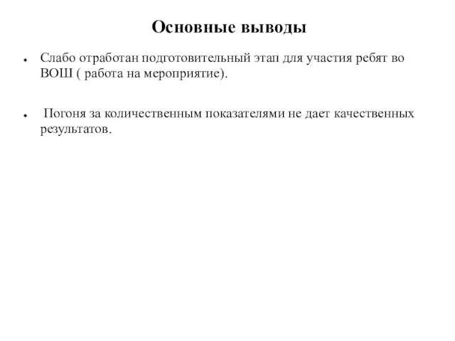 Основные выводы Слабо отработан подготовительный этап для участия ребят во ВОШ (