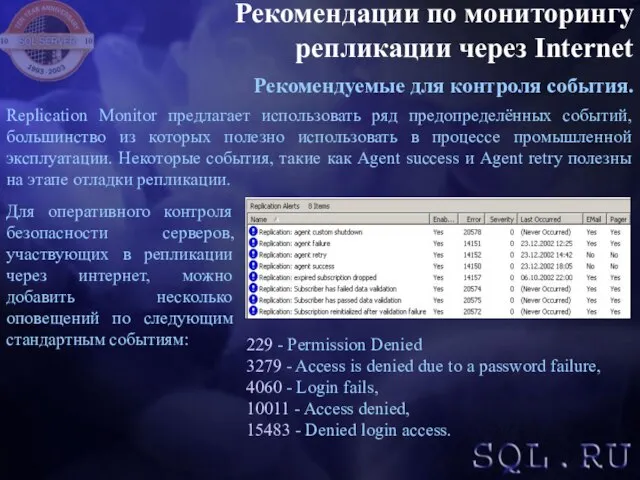 Рекомендации по мониторингу репликации через Internet Рекомендуемые для контроля события. Replication Monitor