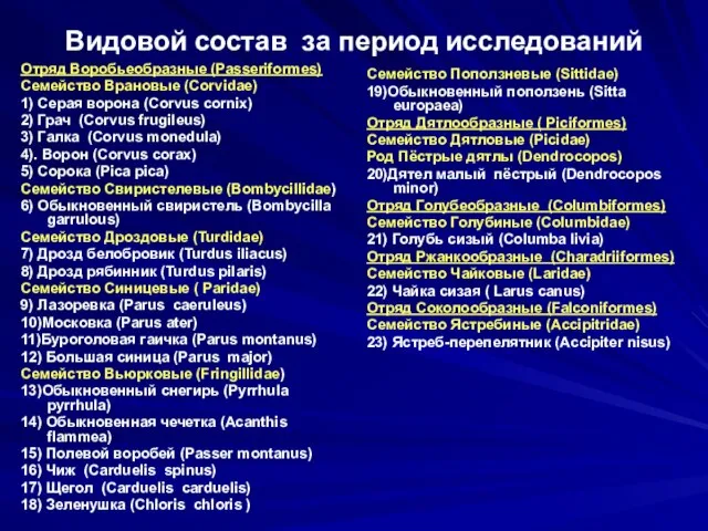 Видовой состав за период исследований Отряд Воробьеобразные (Passeriformes) Cемейство Врановые (Corvidae) 1)