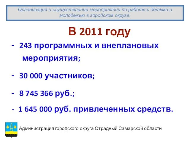 В 2011 году 243 программных и внеплановых мероприятия; 30 000 участников; 8