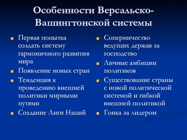 Особенности Версальско-Вашингтонской системы Первая попытка создать систему гармоничного развития мира Появление новых