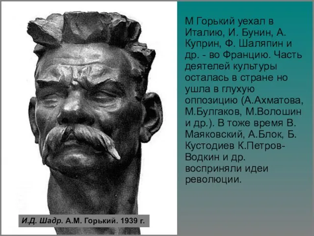 И.Д. Шадр. А.М. Горький. 1939 г. М Горький уехал в Италию, И.