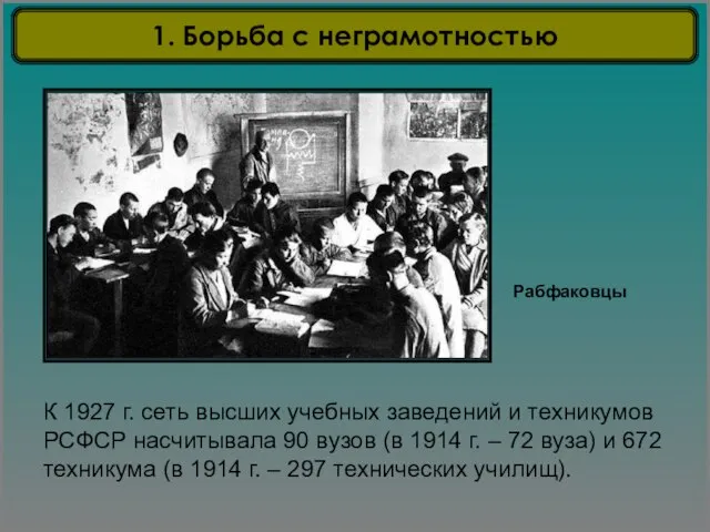 Рабфаковцы К 1927 г. сеть высших учебных заведений и техникумов РСФСР насчитывала