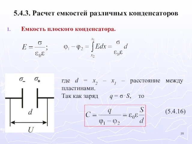 5.4.3. Расчет емкостей различных конденсаторов Емкость плоского конденсатора. где d = x2