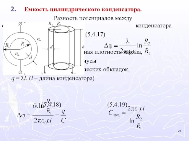 Емкость цилиндрического конденсатора. Разность потенциалов между обкладками цилиндрического конденсатора (5.4.17) где λ