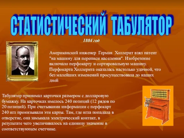 СТАТИСТИЧЕСКИЙ ТАБУЛЯТОР 1884 год Американский инженер Герман Холлерит взял патент "на машину