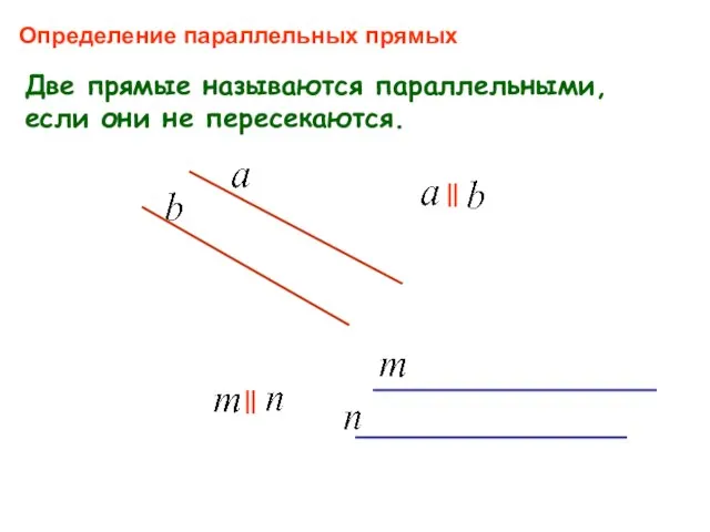 Две прямые называются параллельными, если они не пересекаются. Определение параллельных прямых