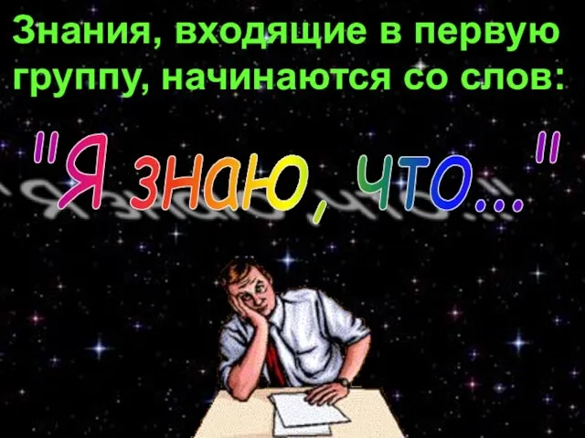 Знания, входящие в первую группу, начинаются со слов: "Я знаю, что..."