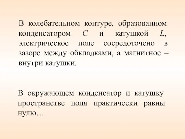 В колебательном контуре, образованном конденсатором С и катушкой L, электрическое поле сосредоточено