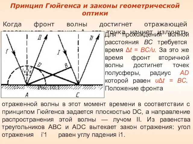 Принцип Гюйгенса и законы геометрической оптики Когда фронт волны достигнет отражающей поверхности