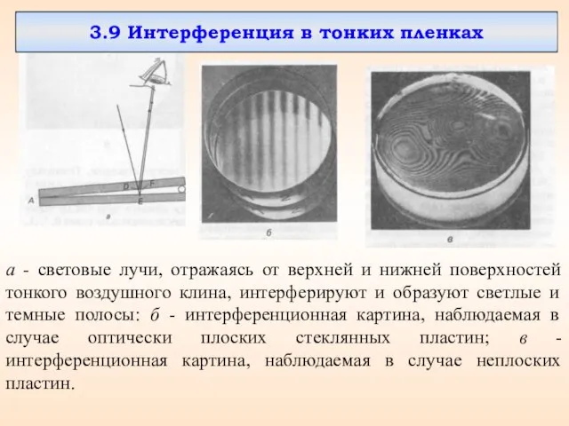 а - световые лучи, отражаясь от верхней и нижней поверхностей тонкого воздушного