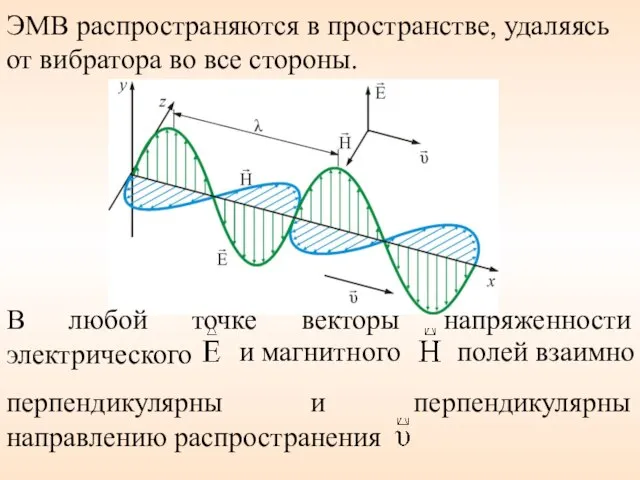 ЭМВ распространяются в пространстве, удаляясь от вибратора во все стороны. В любой