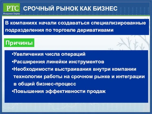 СРОЧНЫЙ РЫНОК КАК БИЗНЕС Увеличения числа операций Расширения линейки инструментов Необходимости выстраивания