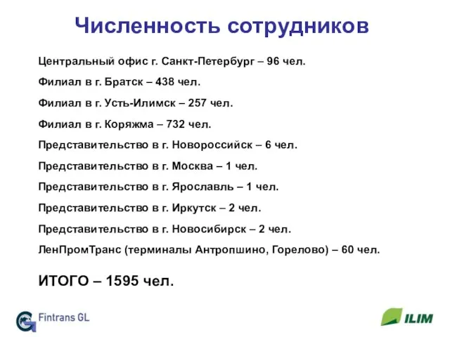 Численность сотрудников Центральный офис г. Санкт-Петербург – 96 чел. Филиал в г.