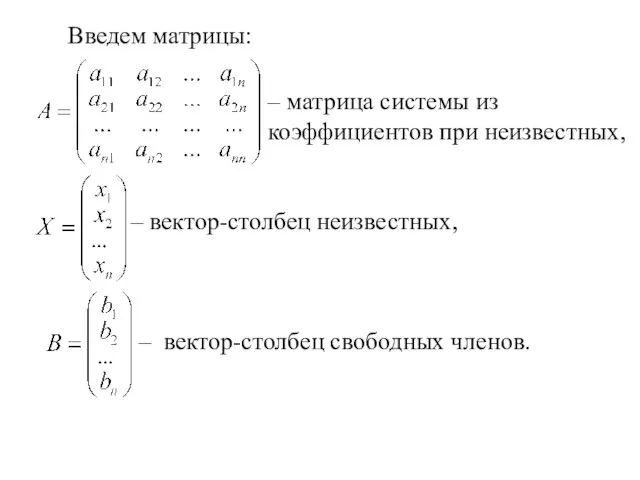 Введем матрицы: – матрица системы из коэффициентов при неизвестных, – вектор-столбец неизвестных, – вектор-столбец свободных членов.