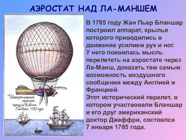 АЭРОСТАТ НАД ЛА-МАНШЕМ В 1785 году Жан Пьер Бланшар построил аппарат, крылья