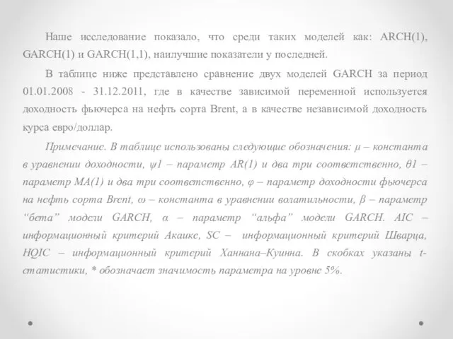 Наше исследование показало, что среди таких моделей как: ARCH(1), GARCH(1) и GARCH(1,1),