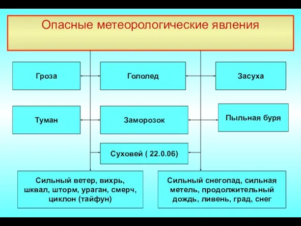 Опасные метеорологические явления Гроза Заморозок Суховей ( 22.0.06) Туман Сильный ветер, вихрь,