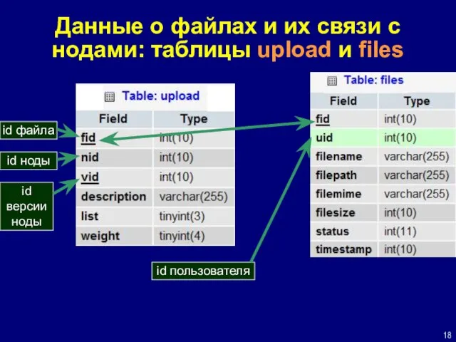 Данные о файлах и их связи с нодами: таблицы upload и files