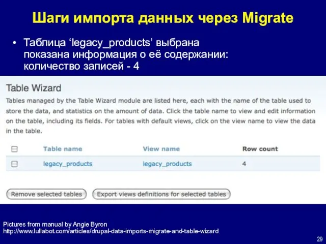 Шаги импорта данных через Migrate Таблица ‘legacy_products’ выбрана показана информация о её