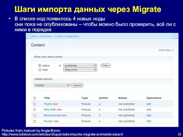 Шаги импорта данных через Migrate В списке нод появилось 4 новых ноды