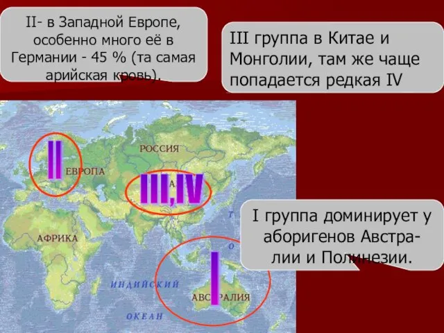 I II III,IV I группа доминирует у аборигенов Австра- лии и Полинезии.