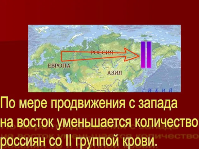 II По мере продвижения с запада на восток уменьшается количество россиян со II группой крови.