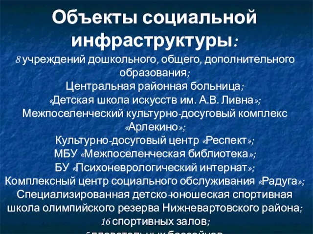 Объекты социальной инфраструктуры: 8 учреждений дошкольного, общего, дополнительного образования; Центральная районная больница;