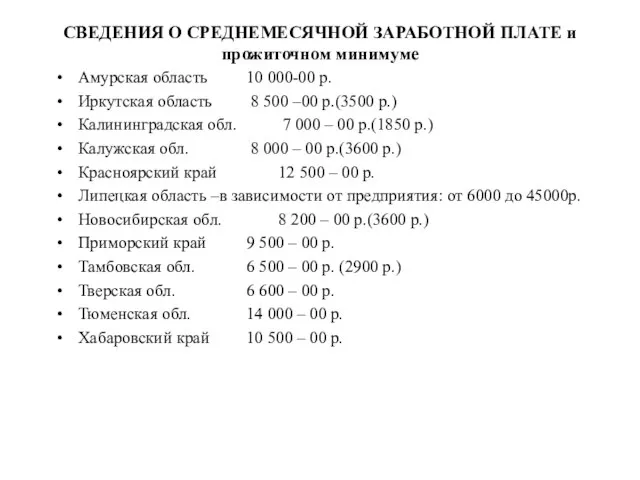 СВЕДЕНИЯ О СРЕДНЕМЕСЯЧНОЙ ЗАРАБОТНОЙ ПЛАТЕ и прожиточном минимуме Амурская область 10 000-00