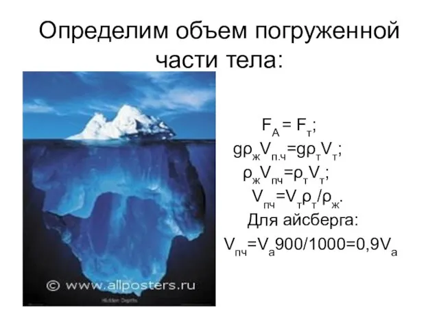 Определим объем погруженной части тела: FA = Fт; gρжVп.ч=gρтVт; ρжVпч=ρтVт; Vпч=Vтρт/ρж. Для айсберга: Vпч=Vа900/1000=0,9Vа