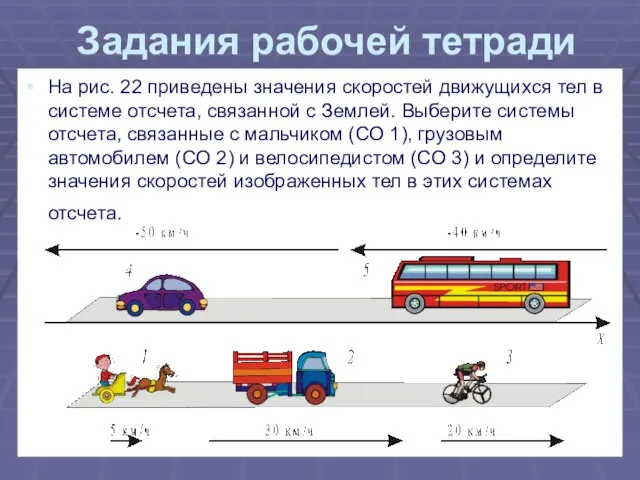 Задания рабочей тетради На рис. 22 приведены значения скоростей движущихся тел в