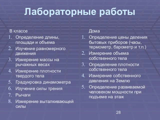 Лабораторные работы В классе Определение длины, площади и объема Изучение равномерного движения