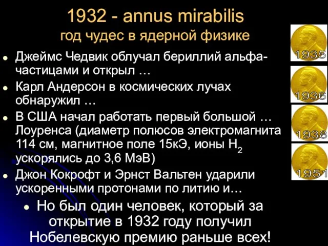1932 - annus mirabilis год чудес в ядерной физике Джеймс Чедвик облучал