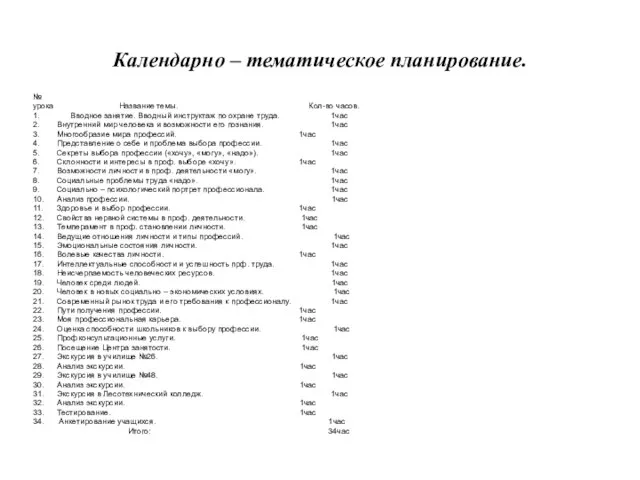 Календарно – тематическое планирование. № урока Название темы. Кол-во часов. 1. Вводное