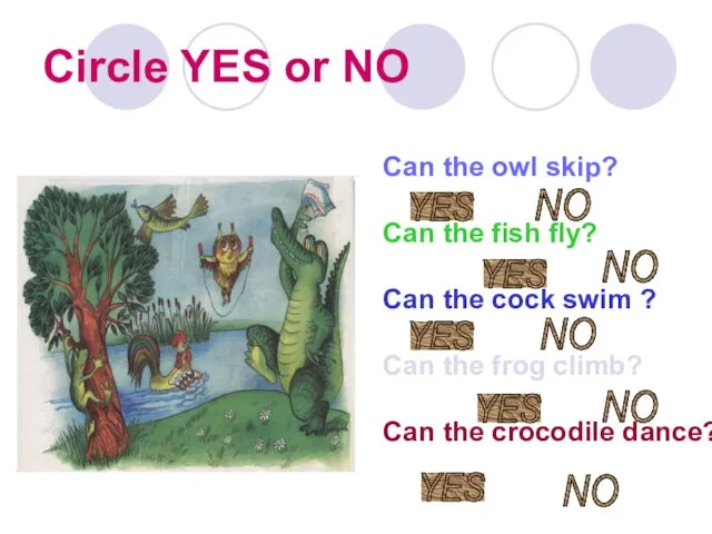 Circle YES or NO Can the owl skip? Can the fish fly?
