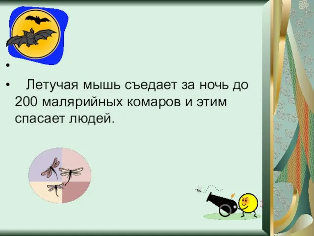 Летучая мышь съедает за ночь до 200 малярийных комаров и этим спасает людей.