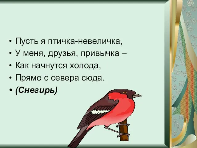 Пусть я птичка-невеличка, У меня, друзья, привычка – Как начнутся холода, Прямо с севера сюда. (Снегирь)