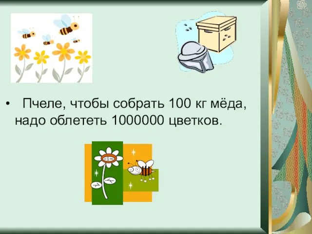 Пчеле, чтобы собрать 100 кг мёда, надо облететь 1000000 цветков.