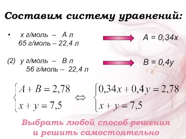 Составим систему уравнений: х г/моль – А л 65 г/моль – 22,4