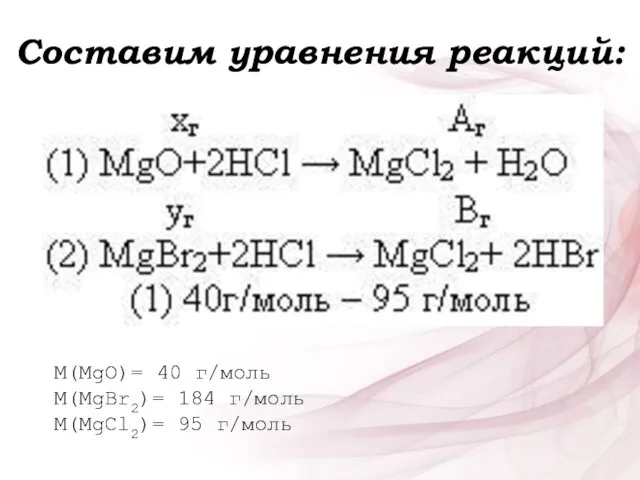 Составим уравнения реакций: M(MgO)= 40 г/моль M(MgBr2)= 184 г/моль M(MgCl2)= 95 г/моль