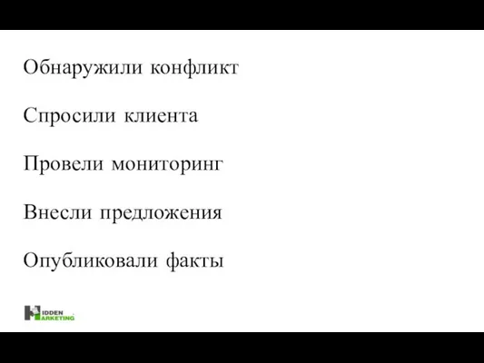 Обнаружили конфликт Спросили клиента Провели мониторинг Внесли предложения Опубликовали факты